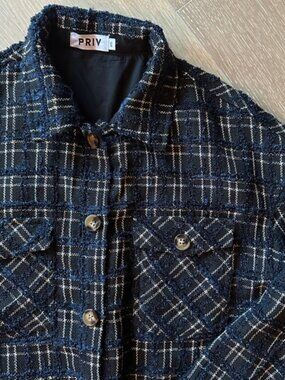 Priv Oversized Navy Bouclé Tweed Shacket – Size XS (Oversized Fit)